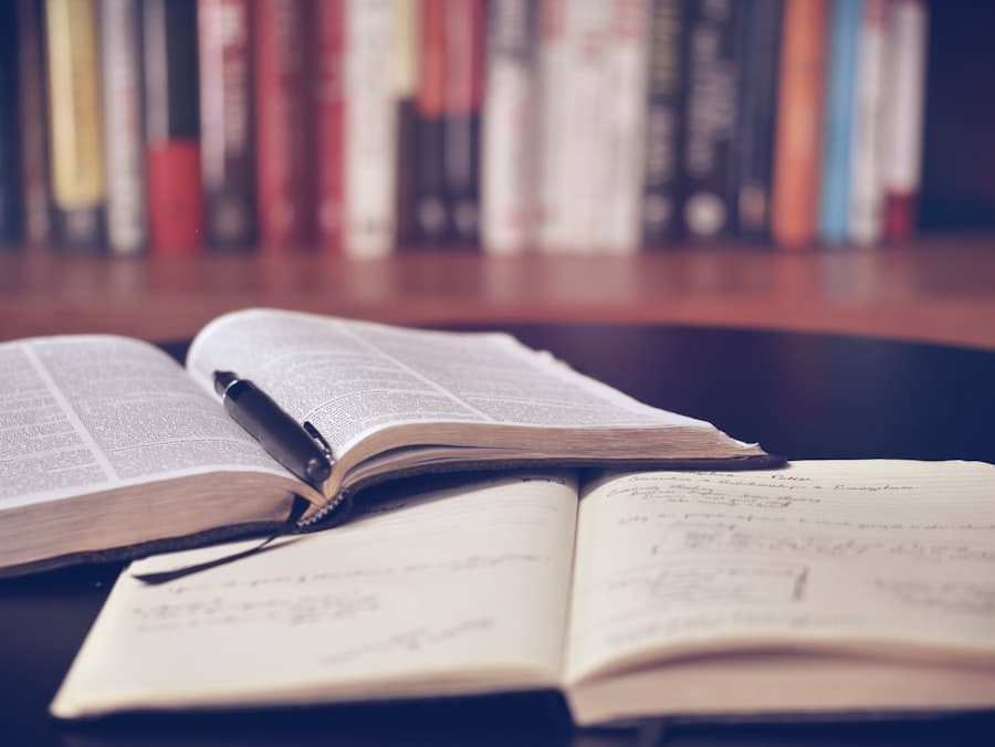 Open books and study notes on a desk